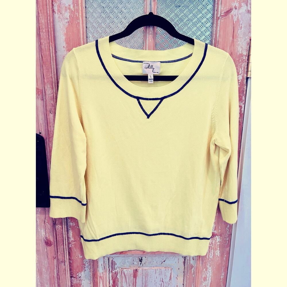 Women An Original Milly of New York Sweater, Bright Yellow, Blue, Size LG